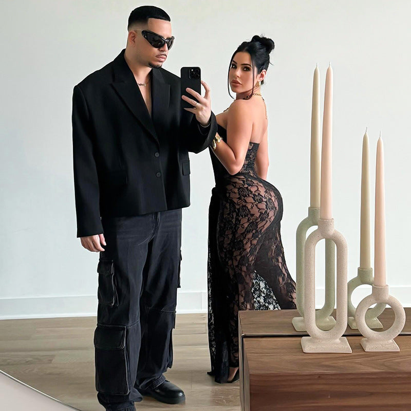 Woman Style Lace Chest Wrap Backless Midi Dress