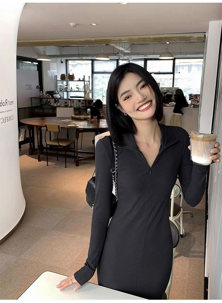 Waisted Herben-style Little Black Dress Slimming Tight Wrap Hip Skirt Long Style