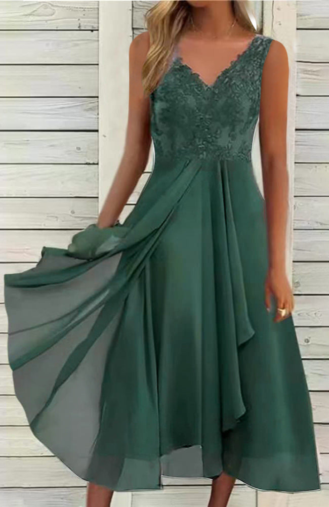 Sleeveless Dress Chiffon Stitching Lace Hollow Women