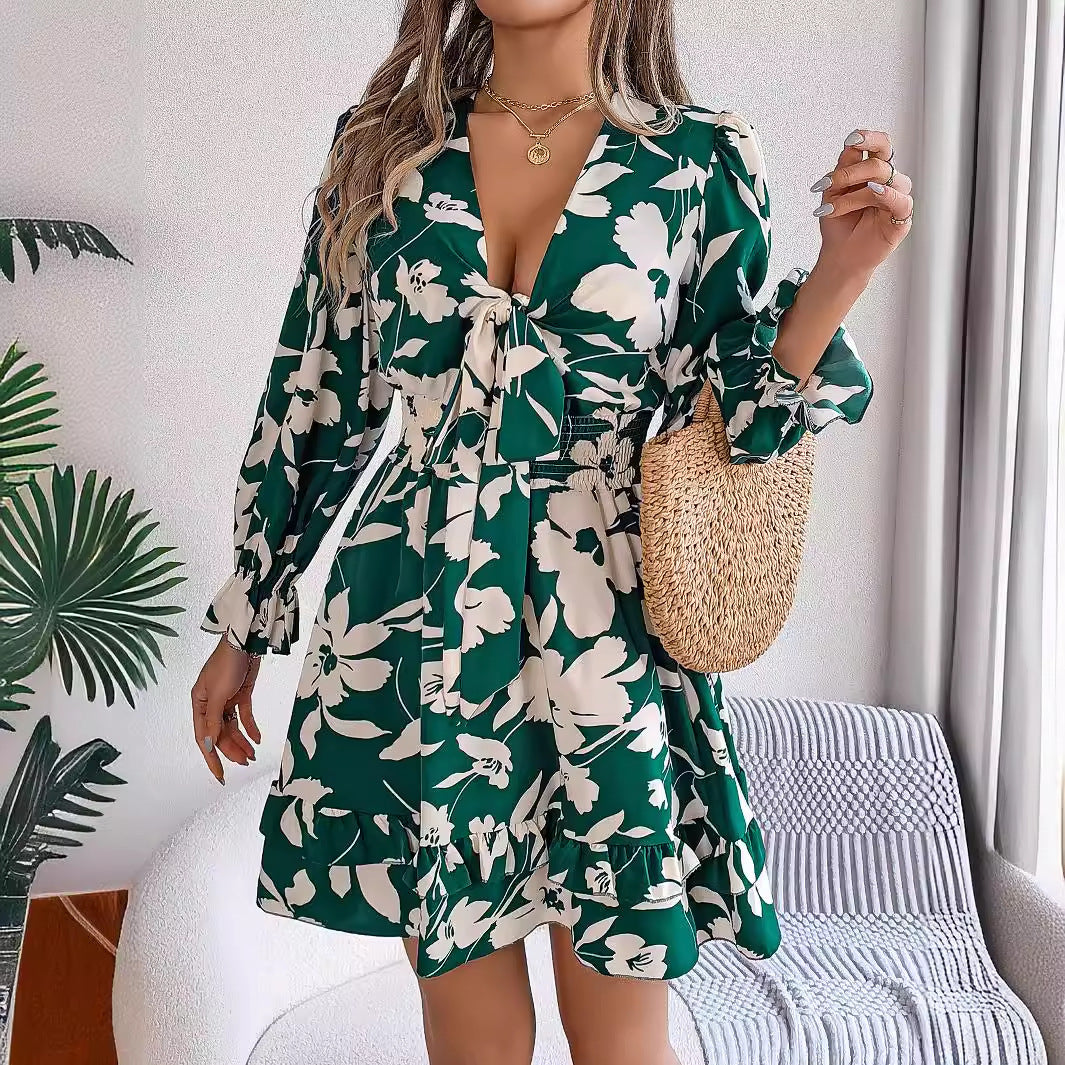 Women's Casual Flower Half Sleeve Ruffled A-line Dress