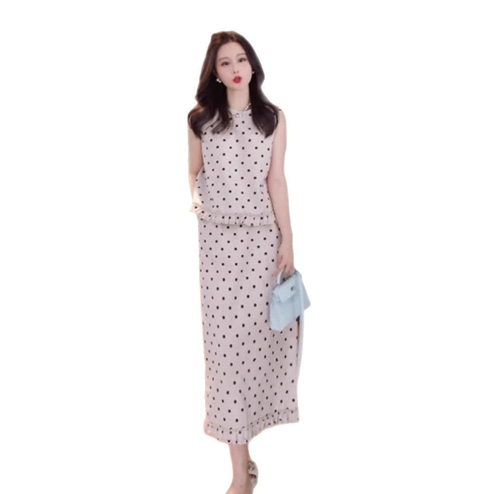 Fashion Simple Anti-aging Sleeveless Polka Dot Top Straight Two-piece Overskirt Suit