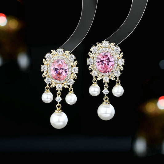 Oval Zircon Inlaid Pearl Tassel Earrings