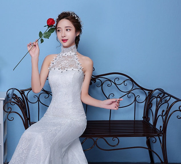 Big Red Wedding Dress Bride Large Size Waist Fishtail Wedding Dress Fishtail Tail Korean Hanging Neck