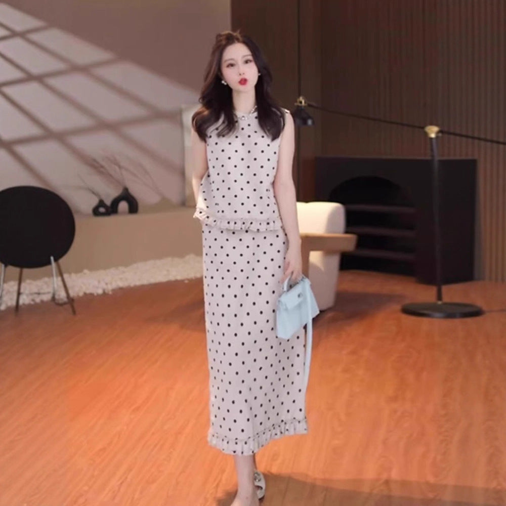 Fashion Simple Anti-aging Sleeveless Polka Dot Top Straight Two-piece Overskirt Suit