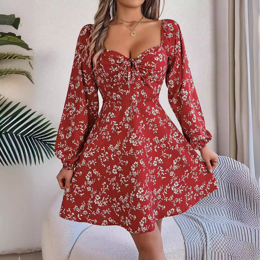 Casual Lace Up Square Collar Floral Print Long Sleeve A- Line Dress