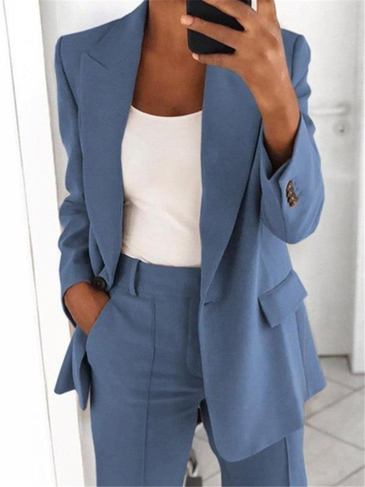 Ins Button Casual Suit Fashion Long-sleeved Lapel Blazer Jacket And Slim-fit Pocket Trousers For Women Clothing