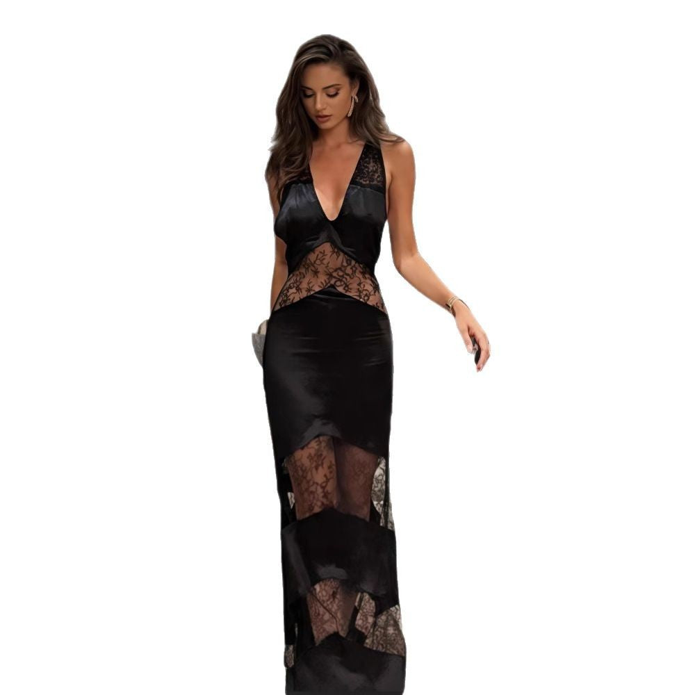 Backless Hollow Out See-through Dress Female Fashion Patchwork Long Dress