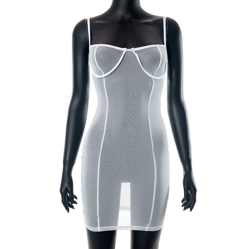 Spaghetti Straps Chest Wrap Mesh Sexy Nightclub Hot Girl Dress Female