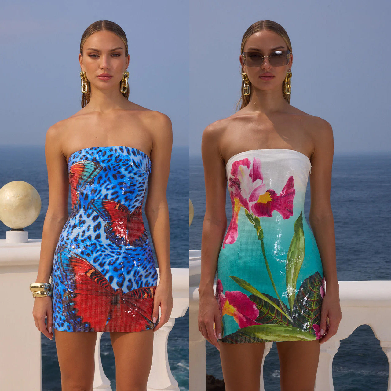 Vacation Sequin Print Dress Chest Wrap