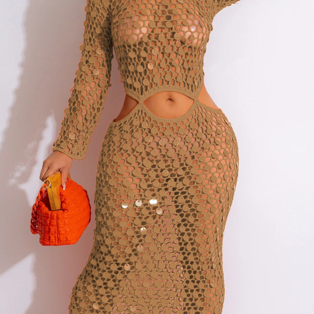 Casual Hollowed Out Sequin Beach Dress