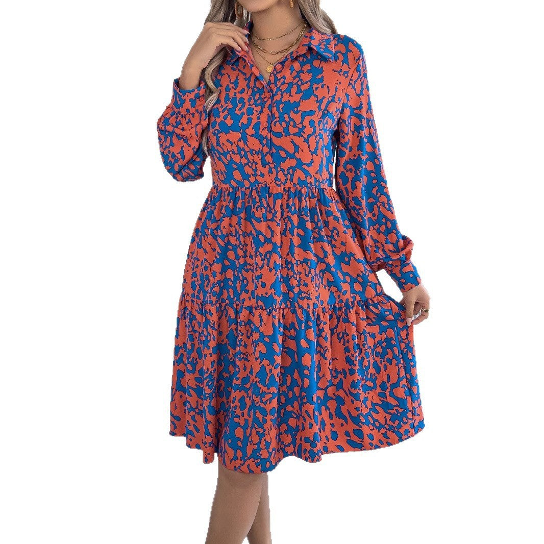 Casual Loose Contrast Color Leopard-print Long-sleeved Shirt Dress