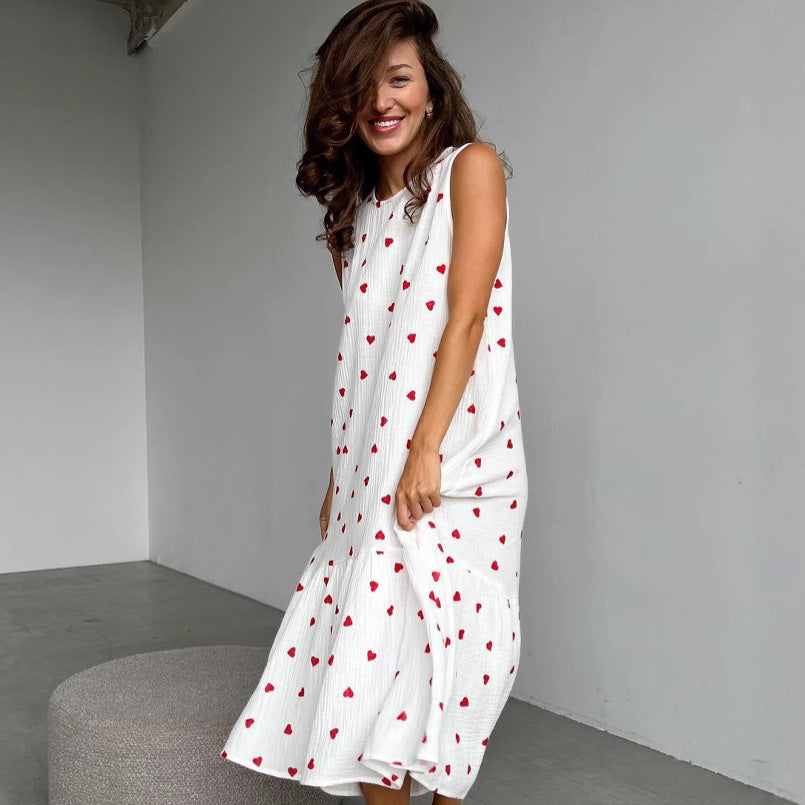 Heart Printing Cotton Sling Loose Long Dress