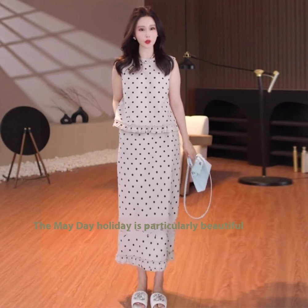 Fashion Simple Anti-aging Sleeveless Polka Dot Top Straight Two-piece Overskirt Suit