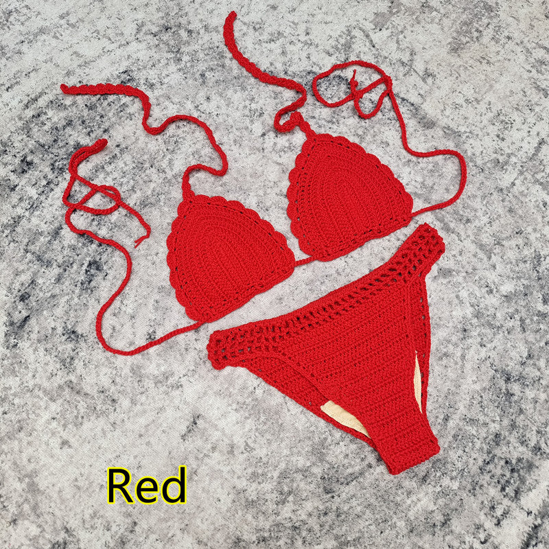 3-piece European And American Handmade Crochet Bikini Beach Skirt Swimsuit Suit