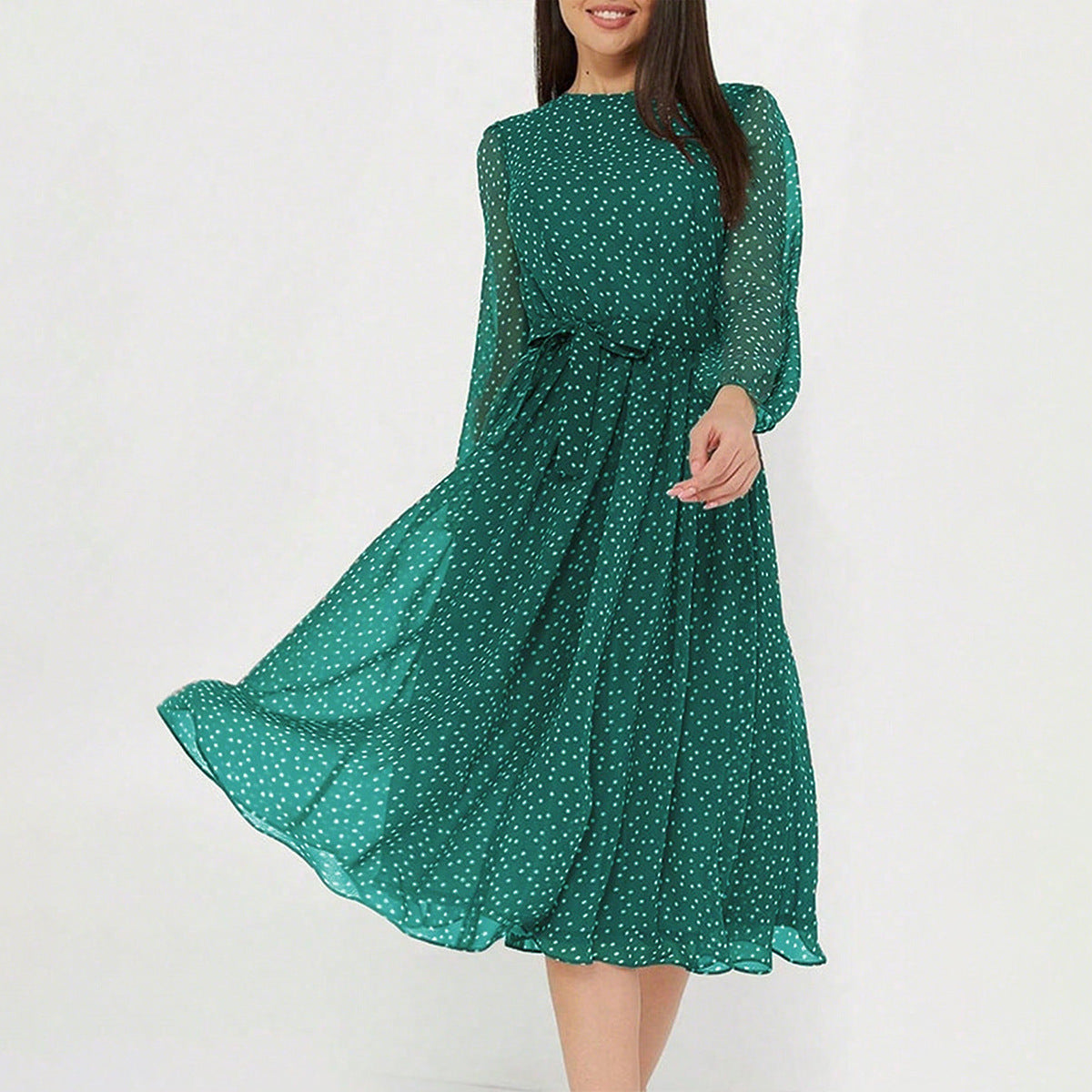 European And American Leisure Vacation Style Polka Dot Long Sleeve Maxi Dress