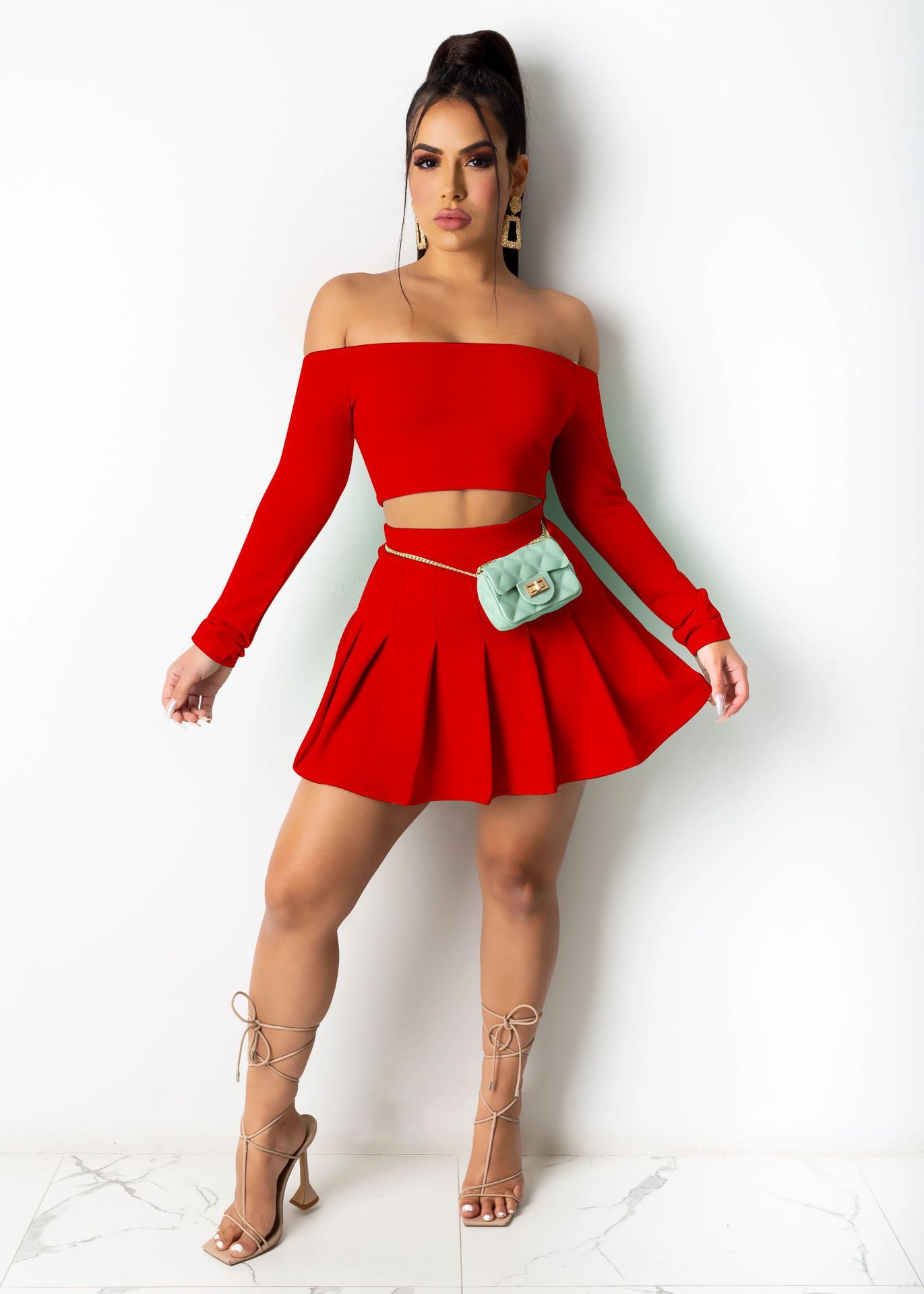 Sexy Fashion Chest Wrap Midriff Outfit Draped Dress Two-piece Set