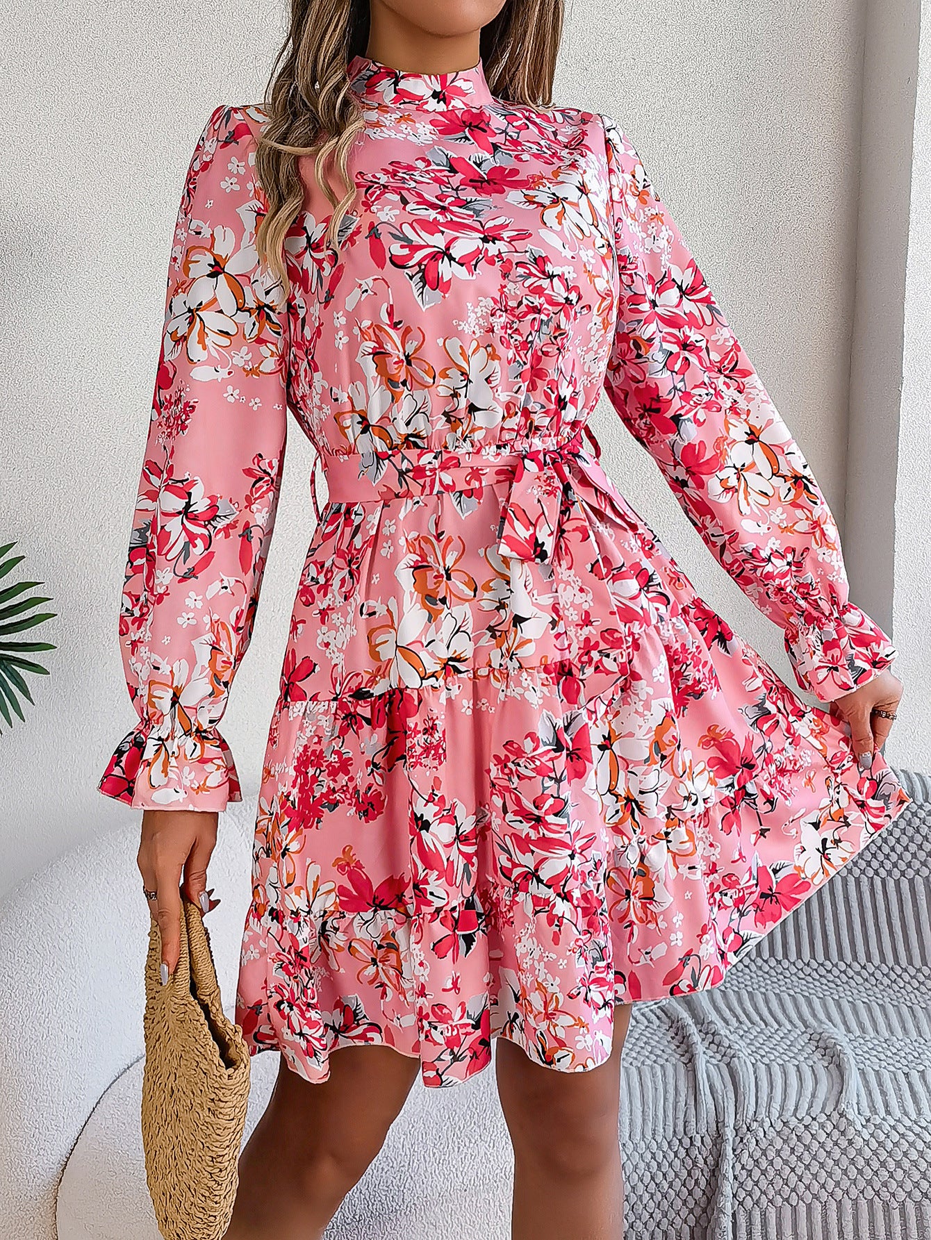 Stand Collar Flower Waist-controlled Long Sleeves Ruffled A-line Dress