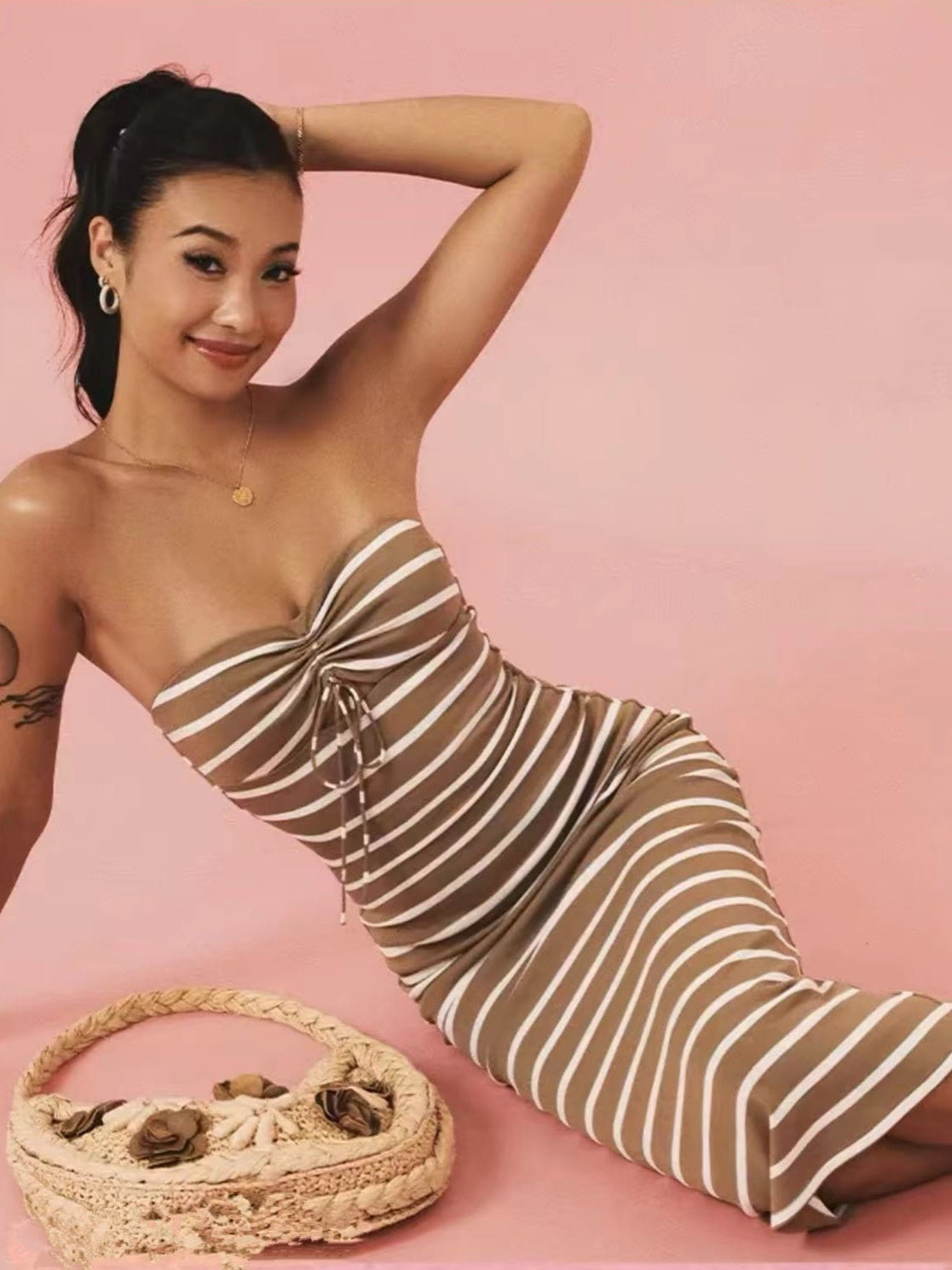 Striped Chest Wrap Hollow Sheath Pencil Dress