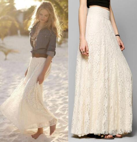 Women Pleated Solid Mesh Lace Layered Gypsy Boho Summer Long Maxi Skirt