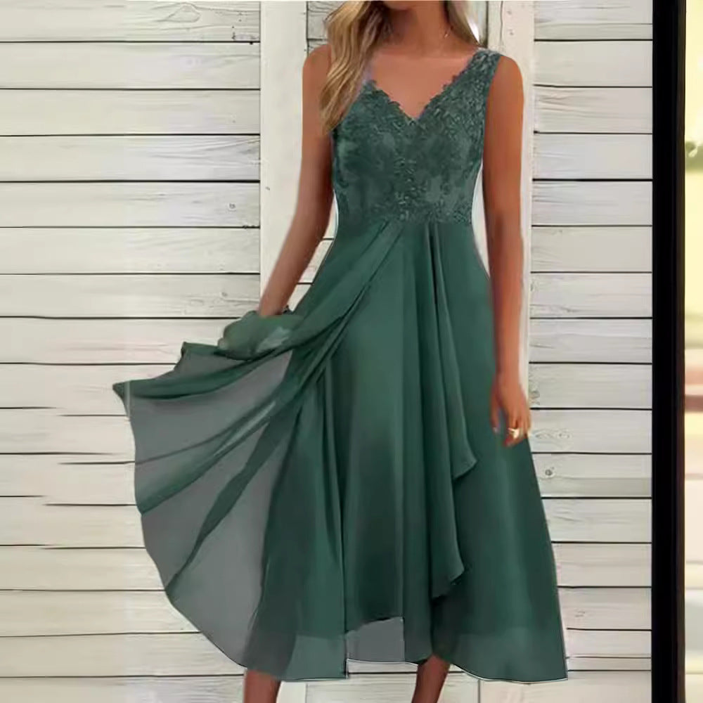 Sleeveless Dress Chiffon Stitching Lace Hollow Women