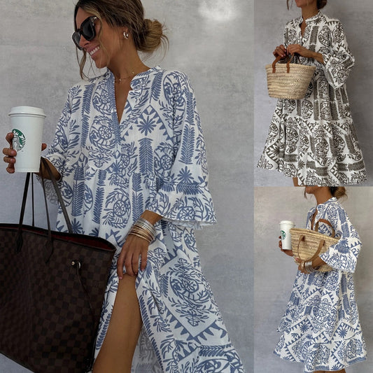 Loose Dress Women Fashion V-neck Flare Sleeve Elegant Ruffle Shirt Dress
