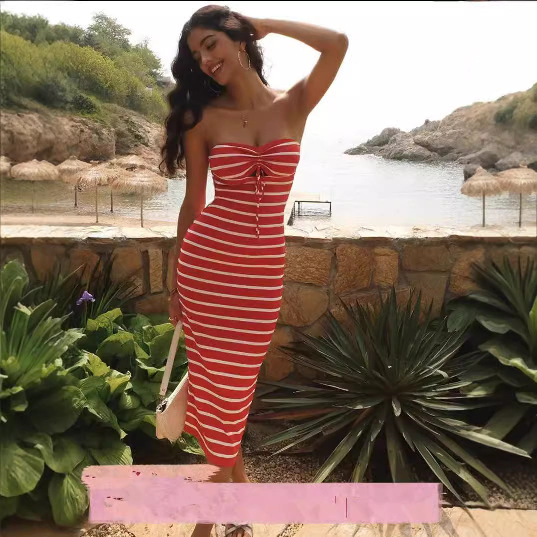 Striped Chest Wrap Hollow Sheath Pencil Dress