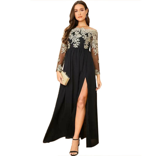 Embroidered Mesh High Slit Dress