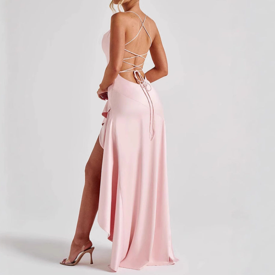 Backless Ruffles Irregular Dress Evening Party Club Maxi
