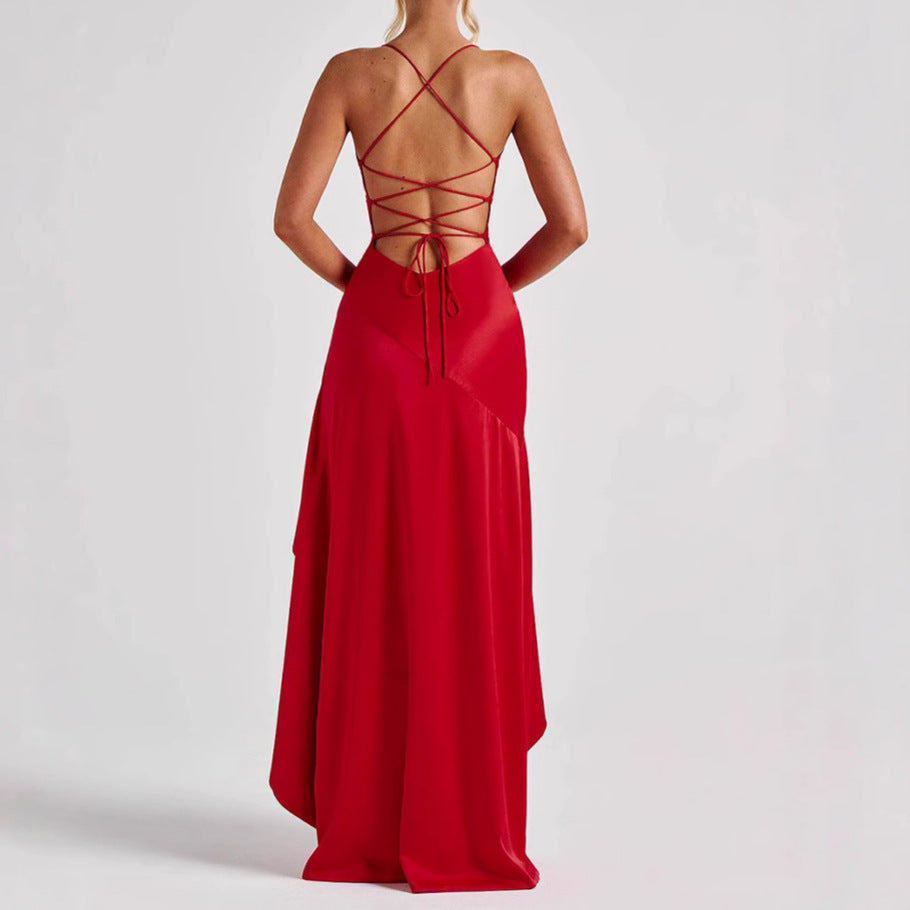 Backless Ruffles Irregular Dress Evening Party Club Maxi