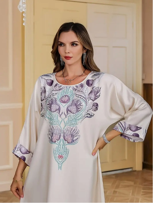 Elegant Floral Print Long Sleeve Abaya Dress