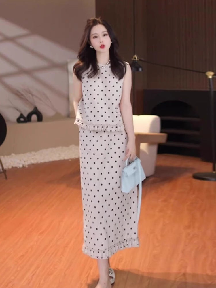 Fashion Simple Anti-aging Sleeveless Polka Dot Top Straight Two-piece Overskirt Suit