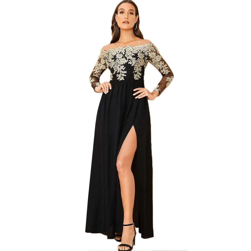 Embroidered Mesh High Slit Dress