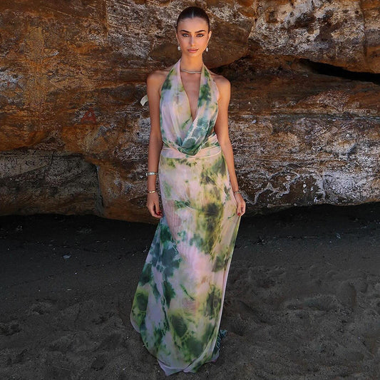 Tie Dye 2pcs Printing Deep V-neck Suits Fashion Halter Backless Long Dresses For Beach Party Womens Clothing
