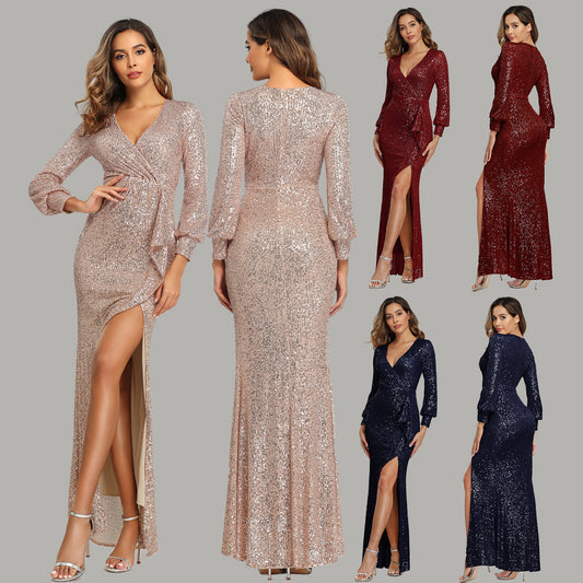 High Slit Long Sleeve Sequined Banquet Evening Dress