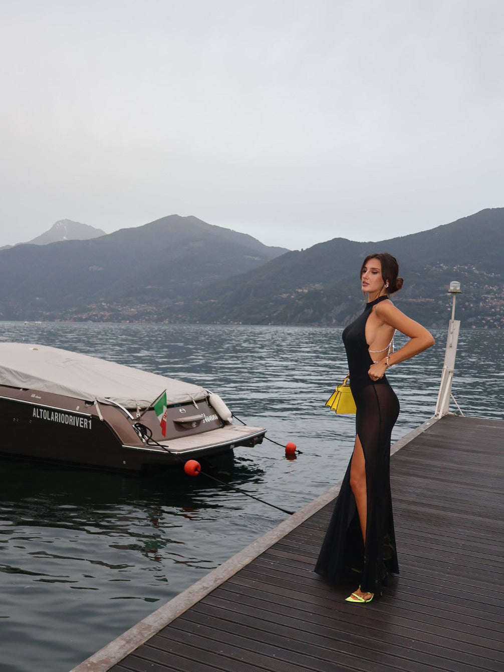 Black Backless Bright Silk Rope See-through Dress