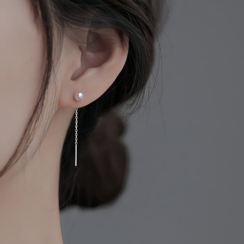 Sterling Silver Needle Pearl Ear String Female Earrings Long Temperament