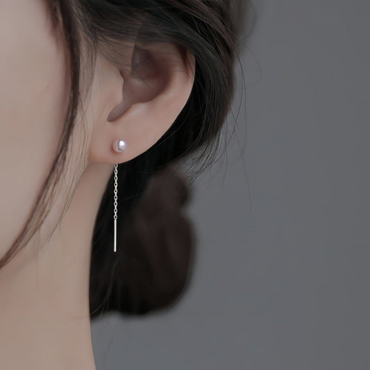 Sterling Silver Needle Pearl Ear String Female Earrings Long Temperament