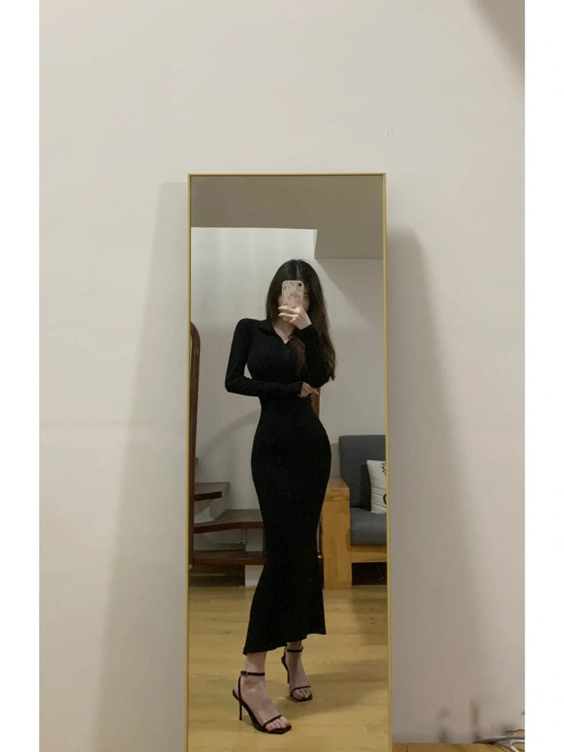 Waisted Herben-style Little Black Dress Slimming Tight Wrap Hip Skirt Long Style