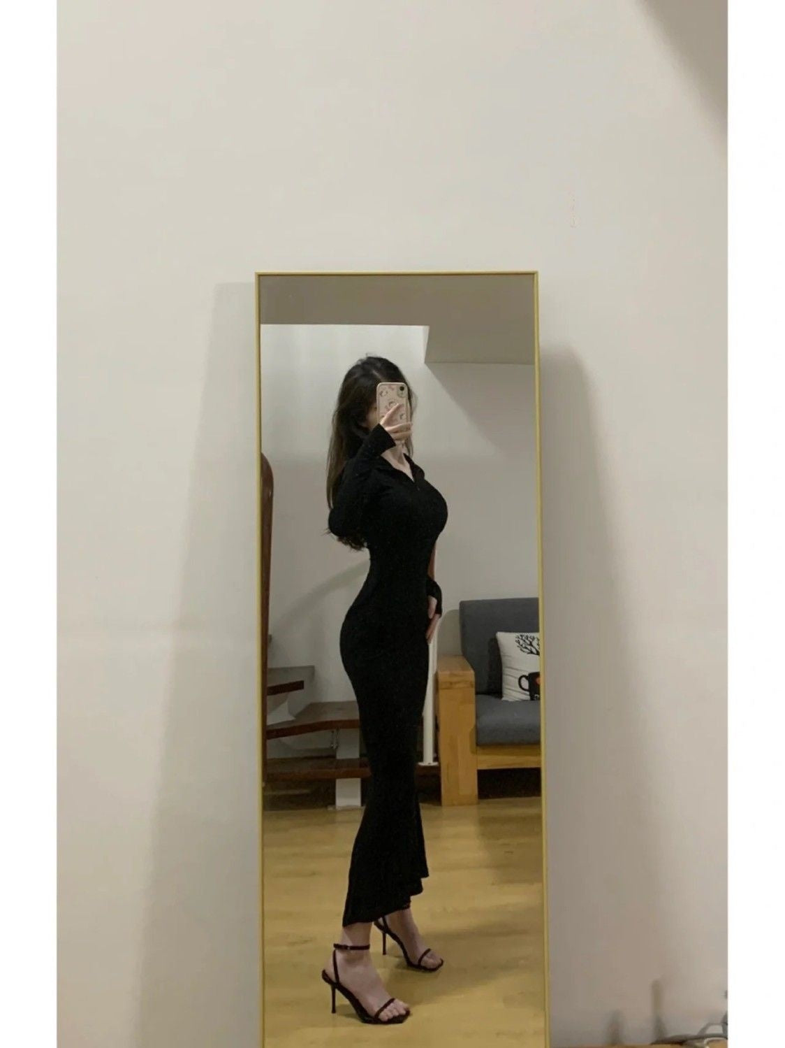 Waisted Herben-style Little Black Dress Slimming Tight Wrap Hip Skirt Long Style