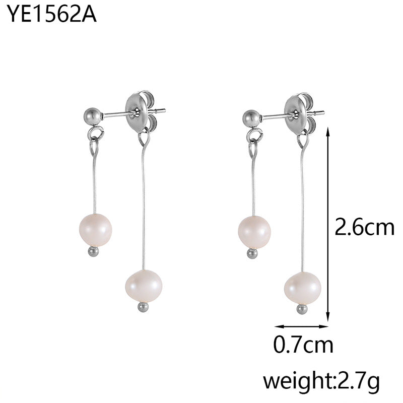 Natural Freshwater Pearl Double Eardrops Stud Earrings Stainless Steel