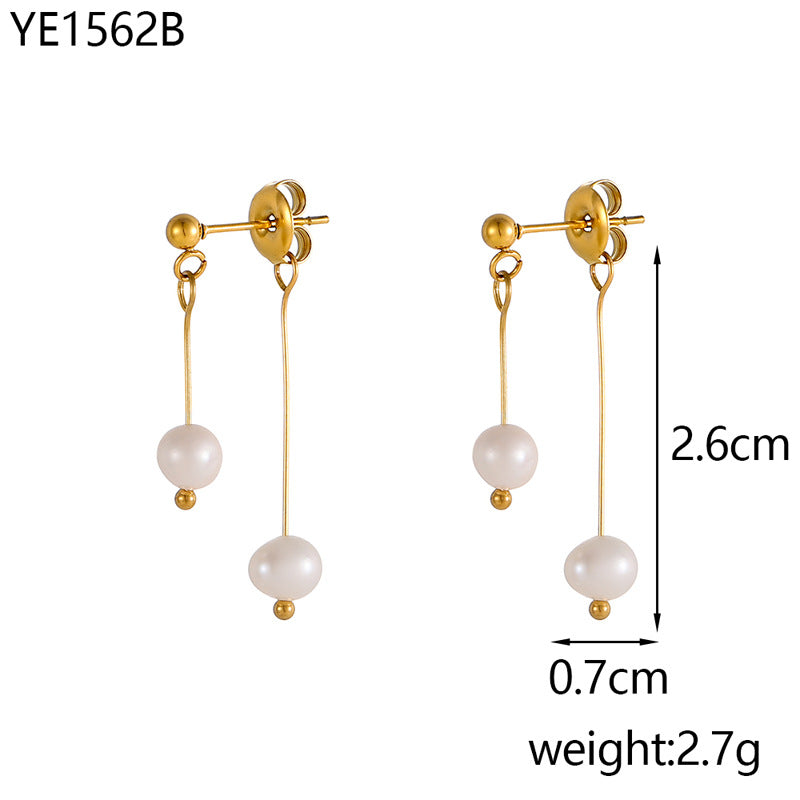 Natural Freshwater Pearl Double Eardrops Stud Earrings Stainless Steel