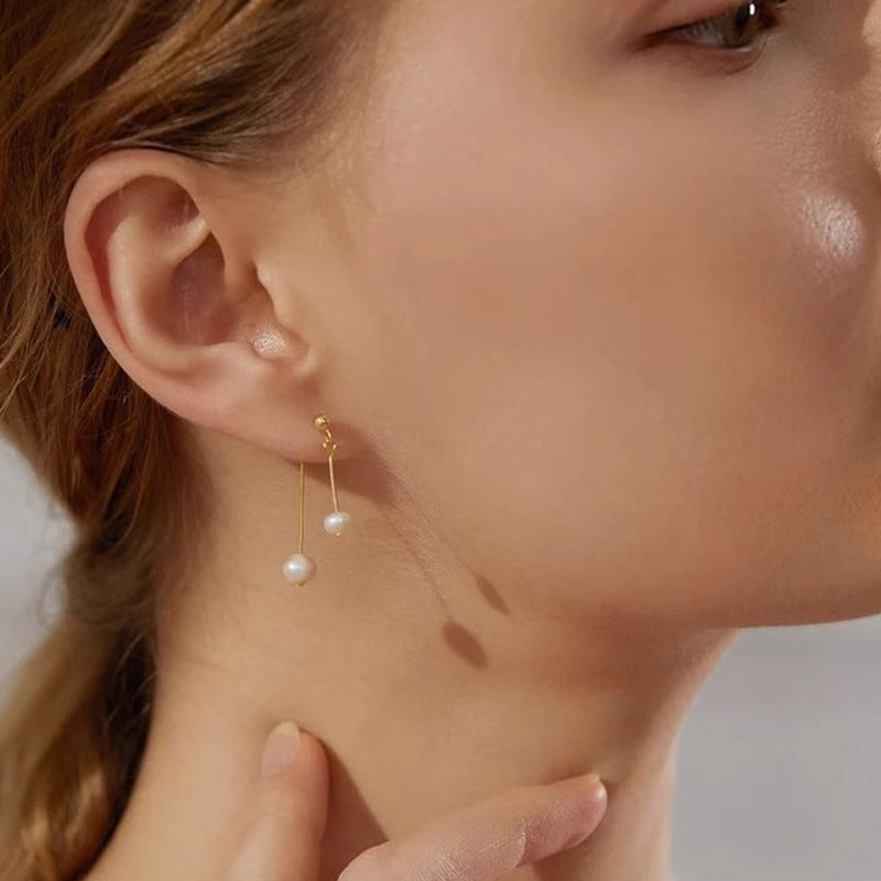 Natural Freshwater Pearl Double Eardrops Stud Earrings Stainless Steel