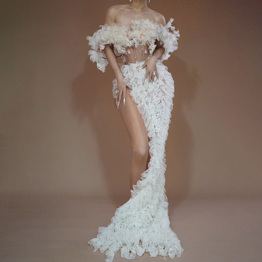 High Slit White Mesh Design Dress