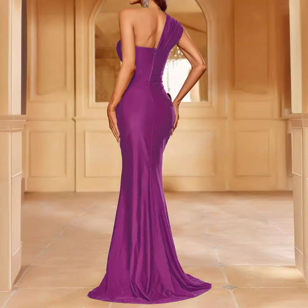 One-shoulder Pleated Wrap Evening Dress Dress