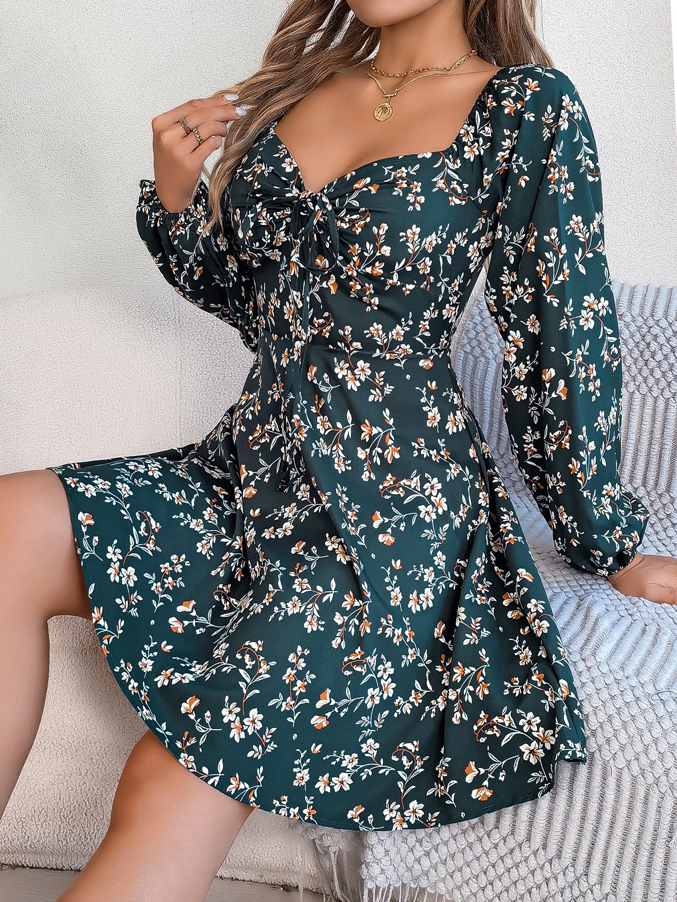 Casual Lace Up Square Collar Floral Print Long Sleeve A- Line Dress