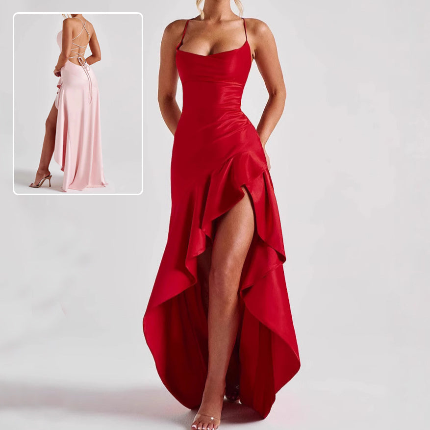 Backless Ruffles Irregular Dress Evening Party Club Maxi
