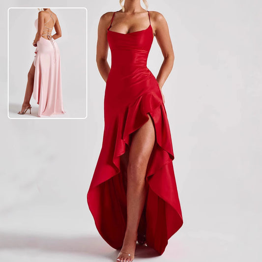 Backless Ruffles Irregular Dress Evening Party Club Maxi