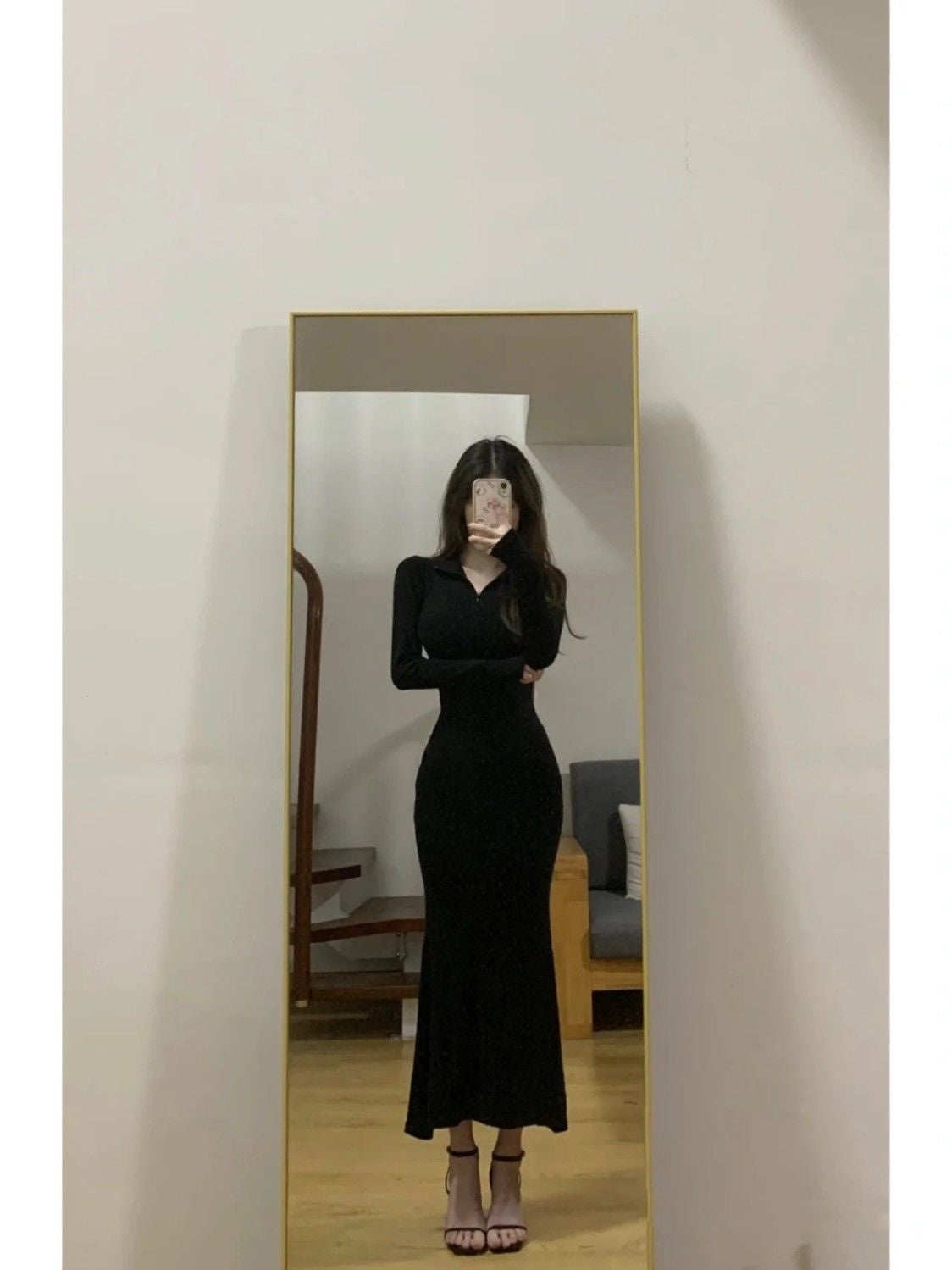 Waisted Herben-style Little Black Dress Slimming Tight Wrap Hip Skirt Long Style