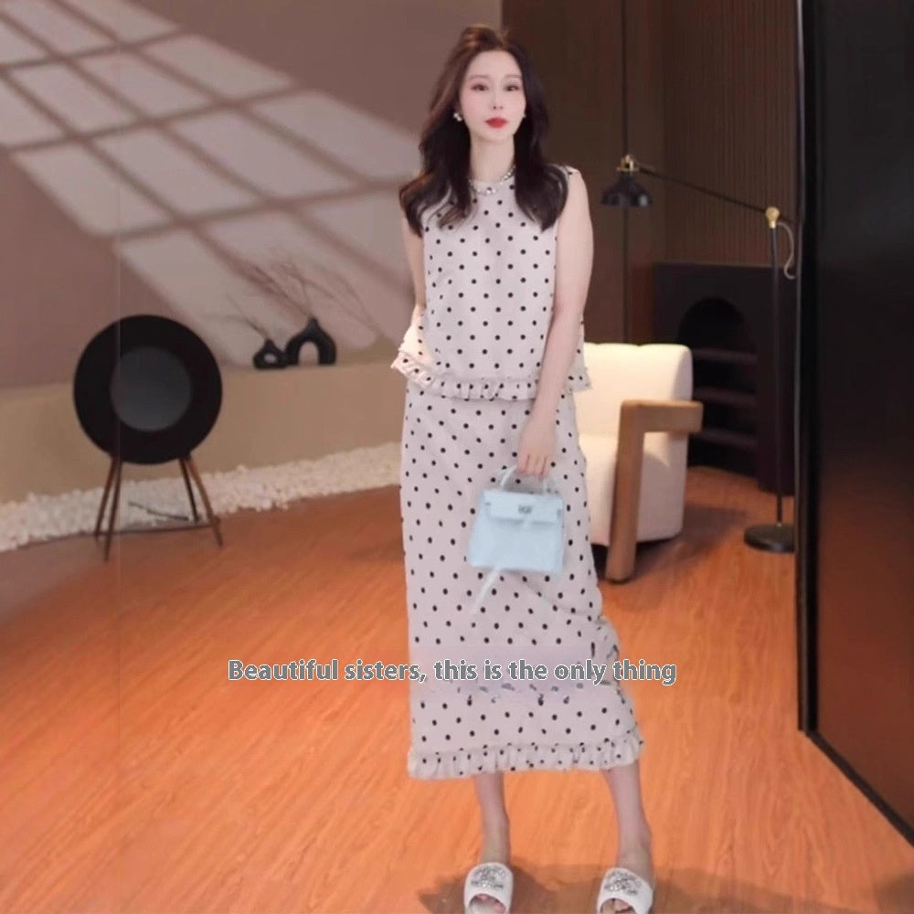 Fashion Simple Anti-aging Sleeveless Polka Dot Top Straight Two-piece Overskirt Suit