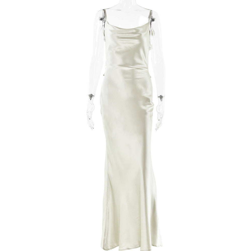 Women's Backless Flower Satin Dress